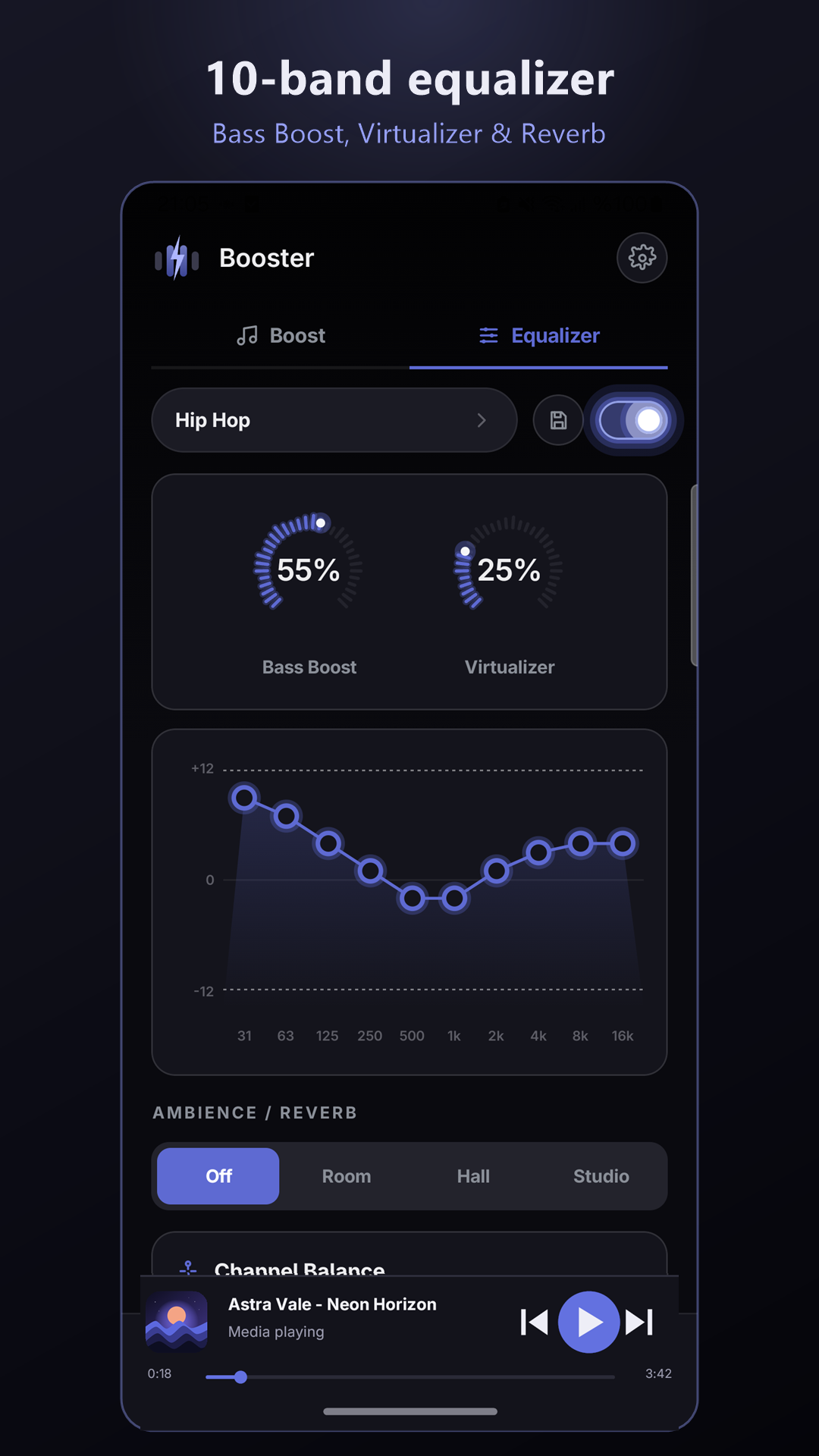 The 10-band equalizer with Bass, Surround and Reverb