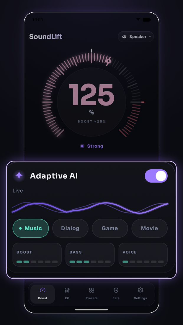 Adaptive AI panel showing Music detected and the boost raised to 125%