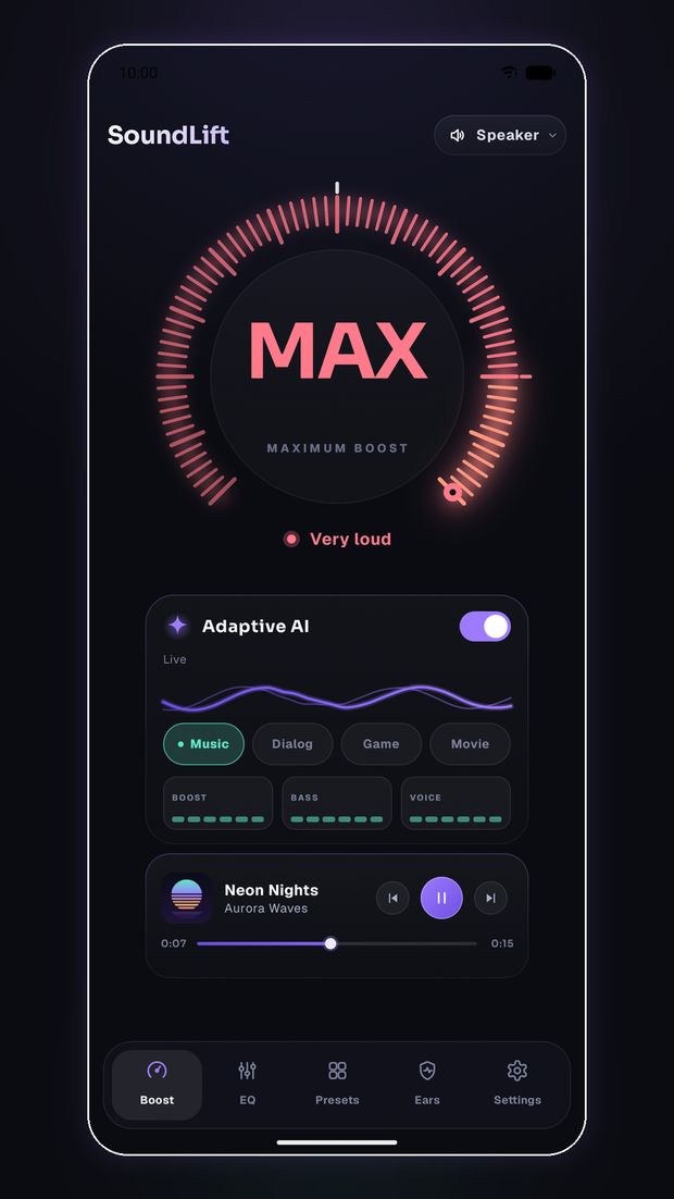 The SoundLift dial at MAX with the maximum boost state
